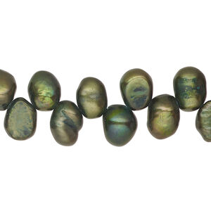 Freshwater 1pkg1, flat-sided potato pearl, 15 inch green 9x6mm-11x8mm cultured