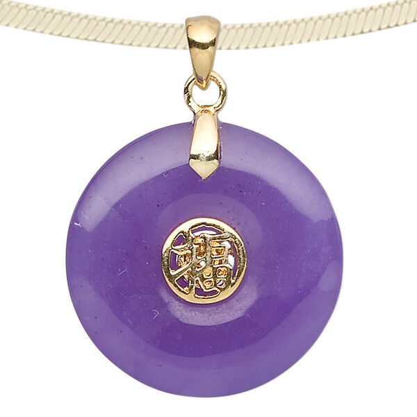 Pendant, jade (dyed) and gold-plated sterling silver, purple, 25mm round donut with luck symbol. Sold individually. image number 0