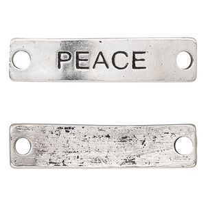 Link, antique silver-finished "pewter" (zinc-based alloy), 40x9mm single-sided curved flat rectangle with "PEACE." Sold per pkg of 2.