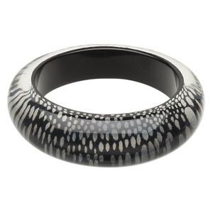 Bracelet, bangle, resin and polyester, clear / black / silver, 24mm wide with snakeskin design, 8 inches. Sold individually.