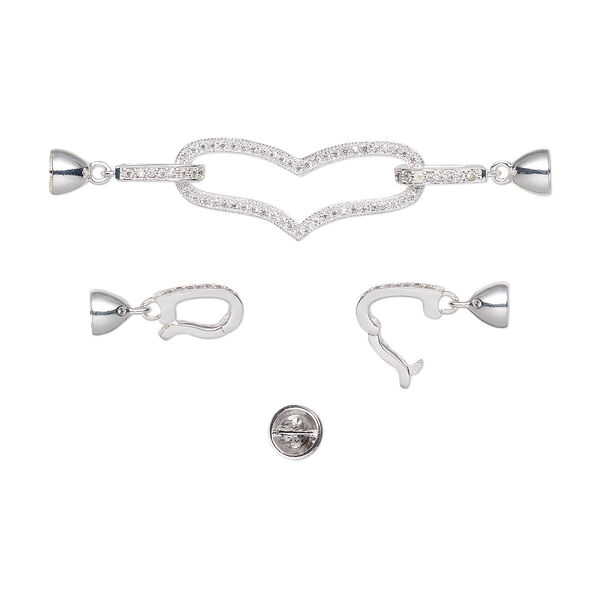 Clasp, double latch fold-over, cubic zirconia and silver-plated brass, clear, 2-3/4 x 1/2 inch heart with 5mm inside diameter. Sold individually. image number 0