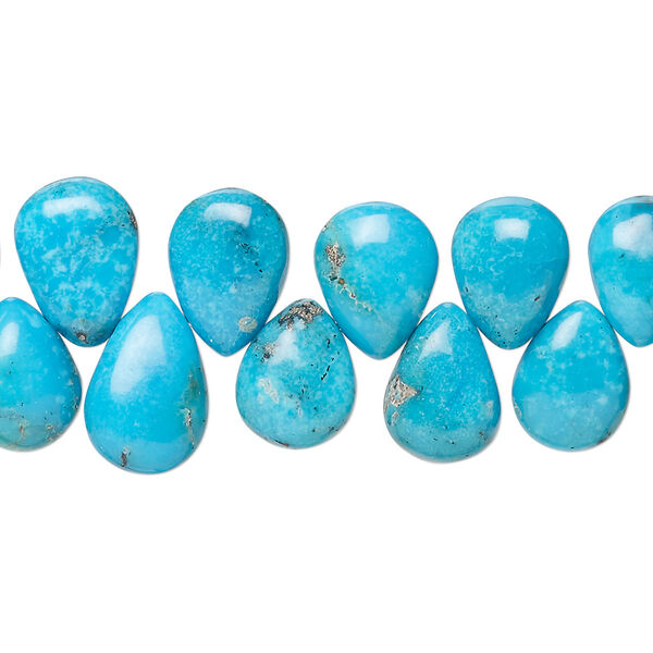 Bead, turquoise (dyed / stabilized), blue, 10x8mm-12x9mm top-drilled puffed teardrop with 0.5-1.5mm hole, B+ grade, Mohs hardness 5 to 6. Sold per 8-inch strand. image number 0