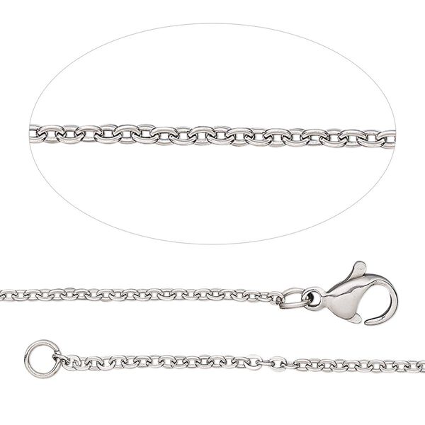Chain, stainless steel, 1.6mm cable, adjustable at 18 and 20 inches with lobster claw clasp. Sold individually. image number 0
