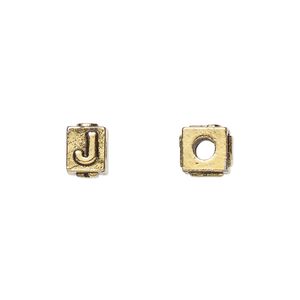 Bead, antique gold-plated pewter (tin-based alloy), 8x6mm rectangle with alphabet letter "J." Sold per pkg of 4.