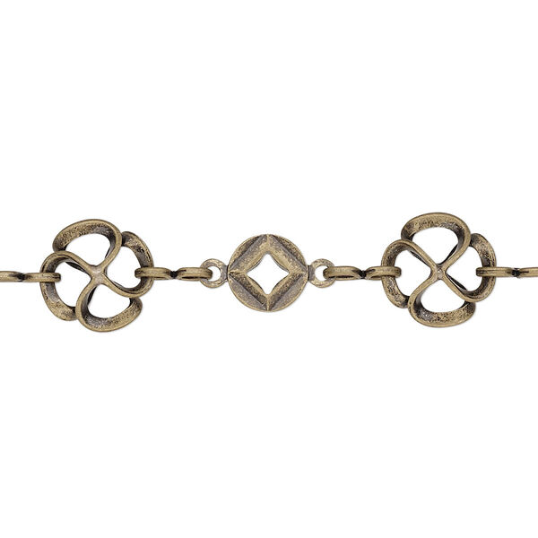 Chain, antique gold-plated brass, 8.5mm filigree flower with 6mm flat round. Sold per pkg of 5 feet. image number 0