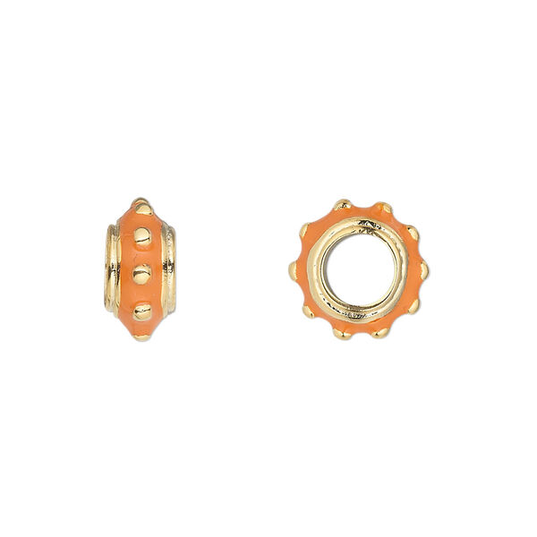 Bead, Dione®, gold-finished "pewter" (zinc-based alloy) and enamel, orange, 12x6mm beaded rondelle with 5mm hole. Sold individually. image number 0