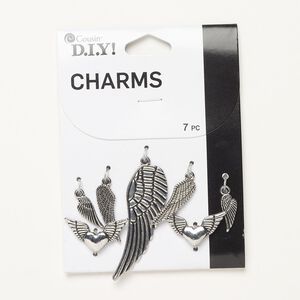 Charm assortment, antique silver-finished "pewter" (zinc-based alloy), 15x6mm-46x16mm single wings and 24x13mm heart with double wings. Sold per pkg of 7.