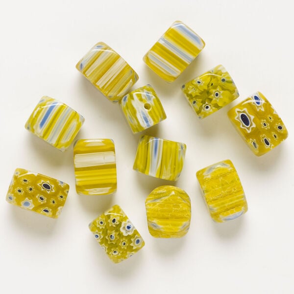 Bead, millefiori glass 1pkg2oz, translucent yellow and multicolored, 16x10mm-18x13mm 4-sided rectangle. image number 1