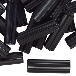 Bead, glass, opaque black, 26x7mm hexagon tube. Sold per 2-ounce pkg, approximately 30 beads.