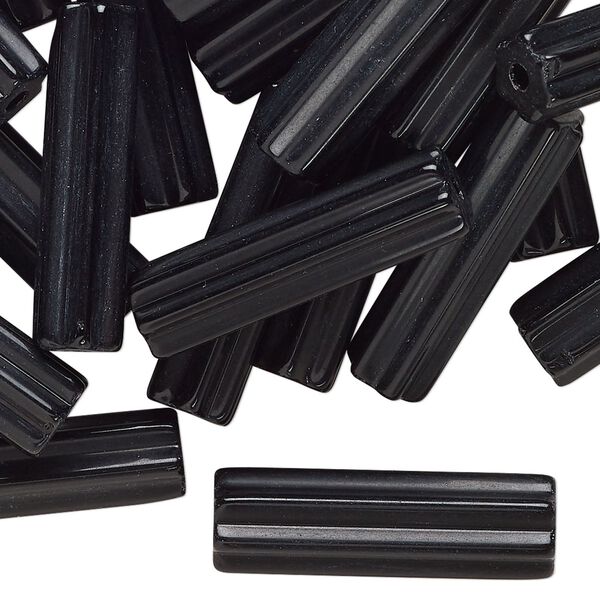 Bead, glass, opaque black, 26x7mm hexagon tube. Sold per 2-ounce pkg, approximately 30 beads. image number 0