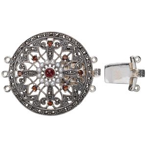 Clasp tab 1pkg1 sterling silver / Signity® marcasite / freshwater pearl shell (natural), 37mm domed round, antiqued / white / "garnet" 3-strand