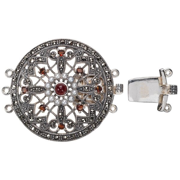 Clasp tab 1pkg1 sterling silver / Signity® marcasite / freshwater pearl shell (natural), 37mm domed round, antiqued / white / "garnet" 3-strand image number 0