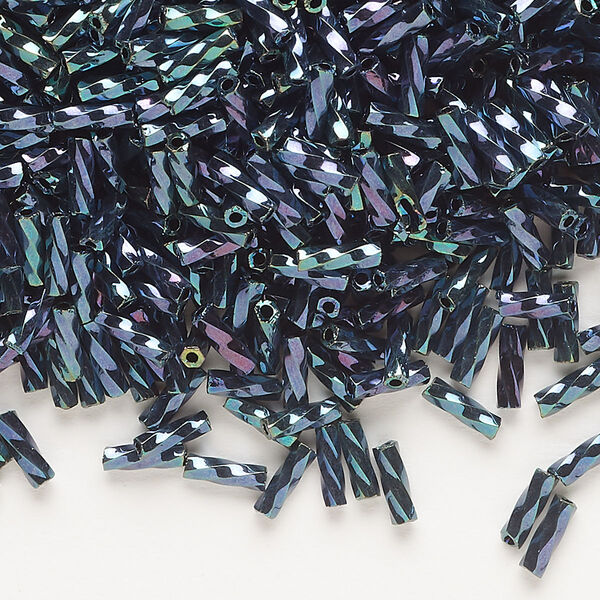 Bugle bead, Dyna-Mites™, glass, opaque iris green, 6mm twisted. Sold per 1/2 kilogram pkg. image number 0