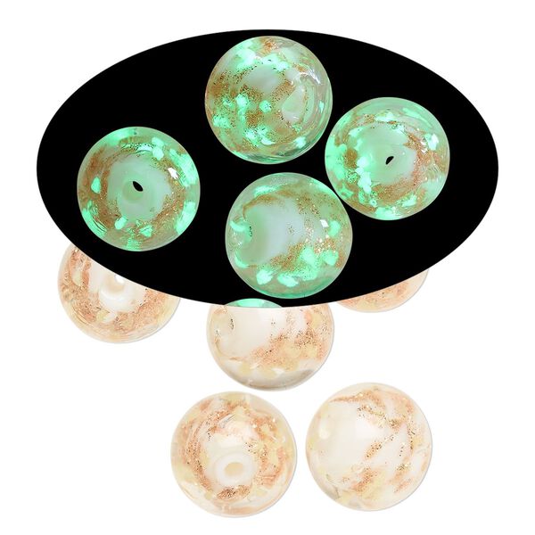 Bead, lampworked glass, clear /opaque white/ glow-in-the-dark / gold, 10mm round. Sold per pkg of 6. image number 0