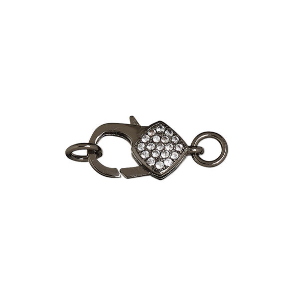 Clasp, lobster claw, cubic zirconia and black-finished brass, clear, 15x8mm double-sided with diamond design. Sold individually. image number 0