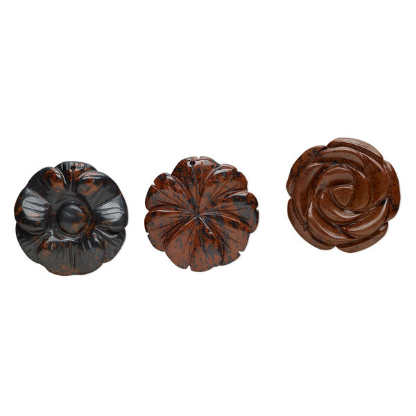 Mahogany obsidian 1pkg3, top-drilled carved flower focal natural B grade, mix 34x41mm-40x40mm image number 0