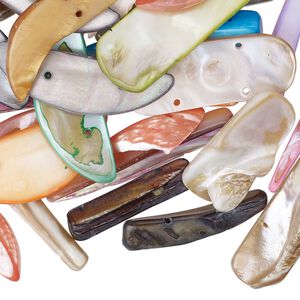 Bead mix, spacer, 2-strand, mother-of-pearl shell (bleached/dyed), mixed colors, 25x5mm-67x20mm mixed shapes, fits up to 20mm beads, Mohs hardness 3-1/2. Sold per 4-ounce pkg, approximately 50 beads.