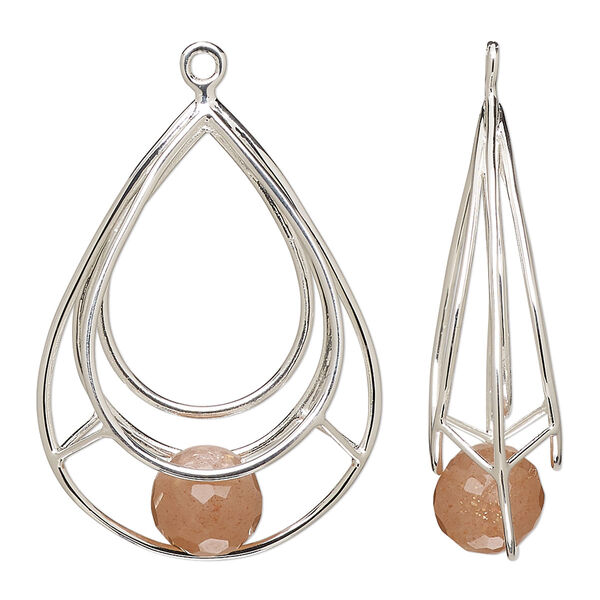Focal, sterling silver and peach moonstone (natural), 32x25mm open teardrop with 9mm hand-cut faceted round, B grade, Mohs hardness 6 to 6-1/2. Sold individually. image number 0
