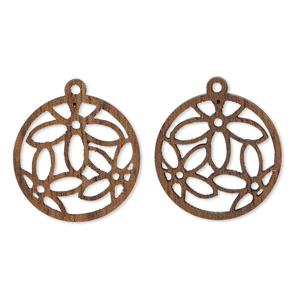 Drop, wood (natural), 19mm single-sided left- and right-facing flat round cutout flowers design. Sold per pkg of 2. image number 0