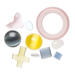 Bead and component mix, cat's eye glass, mixed colors, 2-20mm drilled and undrilled mixed shapes. Sold per pkg of 10.