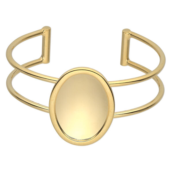Bracelet, Almost Instant Jewelry®, cuff, gold-plated brass and "pewter" (zinc-based alloy), 65x35mm with 30x22mm oval setting, adjustable. Sold individually. image number 0