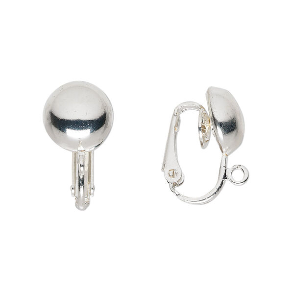 Earring, clip-on, silver-plated steel, 18mm hinged with 10mm half ball and open loop. Sold per pkg of 5 pairs. image number 0