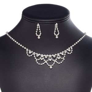 Necklace and earring set, glass rhinestone / plastic / imitation rhodium-plated brass / steel, clear, cupchain, 15" to 16" necklace with 3-inch extender chain and lobster claw clasp, 29mm earrings with post. Sold per set.