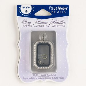 Pendant, silver-finished brass and glass, clear, 33x23mm rectangle locket with magnetic closure. Sold individually.