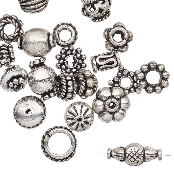 Bead, antique silver-plated copper, 4x1mm-11x5mm assorted shape. Sold per pkg of 20. image number 0
