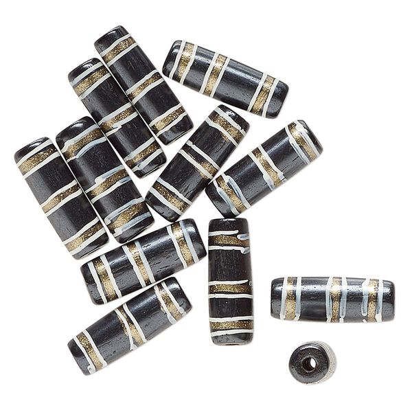 Bead, bone (dyed), black / white / gold, 25x9mm-24x7mm hand-painted tube with line design. Sold per pkg of 12. image number 0