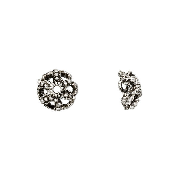 Bead cap, antiqued "pewter" (zinc-based alloy), 10x4mm filigree saucer, fits 8-10mm bead. Sold per pkg of 24. image number 0