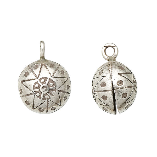 Bell, Hill Tribes, antiqued fine silver, 20x15mm round star with clapper. Sold individually. image number 0