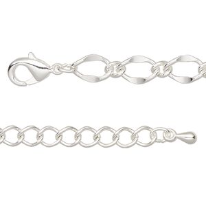 Chain 1pkg1 long & short, 6mm oval / lobster claw clasp, silver-finished brass / steel 7.5 inch