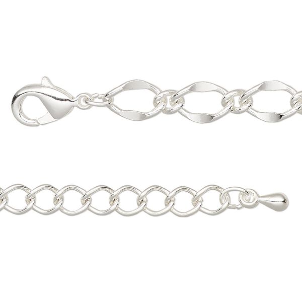 Chain, silver-finished brass and steel, 6mm long and short oval, 7-1/2 inches with 2-inch extender chain and lobster claw clasp. Sold individually. image number 0