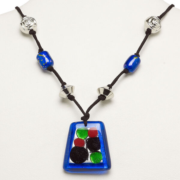 Necklace, glass and plastic, multicolored, 43x41mm trapezoid pendant with mixed bead accents, 21-inch velveteen cord with 2-inch steel extender chain and lobster claw clasp. Sold individually. image number 0