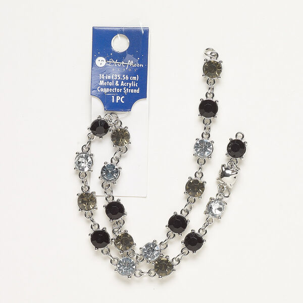 Necklace component, acrylic / silver-finished "pewter" (zinc-based alloy) / steel, black / clear / smoky topaz, 9mm faceted round, 14 inches. Sold individually. image number 0