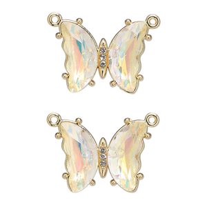 Connector, gold-finished brass and glass, clear AB, 19x15mm butterfly with closed loop. Sold per pkg of 2.