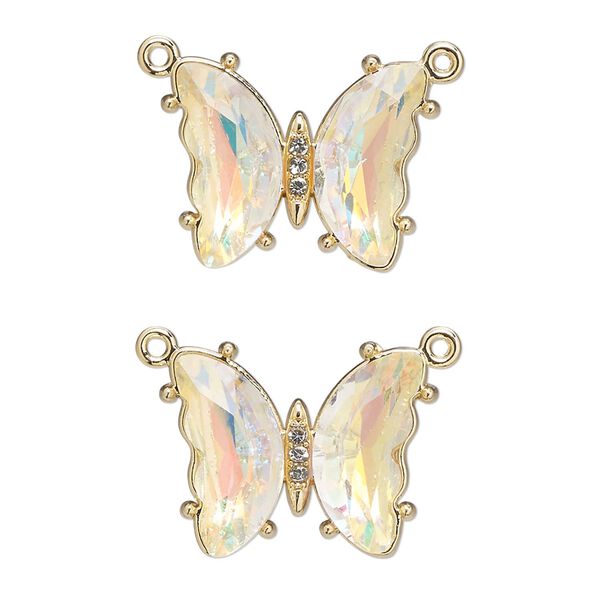 Connector, gold-finished brass and glass, clear AB, 19x15mm butterfly with closed loop. Sold per pkg of 2. image number 0