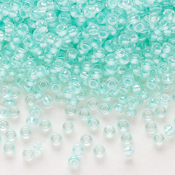 Seed bead, Preciosa Ornela Czech glass, pkg/500g, #11 rocaille, translucent color-lined luster pastel green, (382PG). image number 0