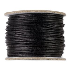 Cord, waxed cotton, black, 1mm round. Sold per 25-yard pkg.