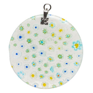 Focal 1pkg1 millefiori glass and silver-finished steel, transparent and translucent clear and multicolored, 39-40mm puffed flat round.