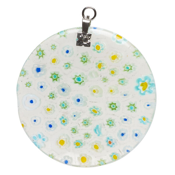 Focal 1pkg1 millefiori glass and silver-finished steel, transparent and translucent clear and multicolored, 39-40mm puffed flat round. image number 0