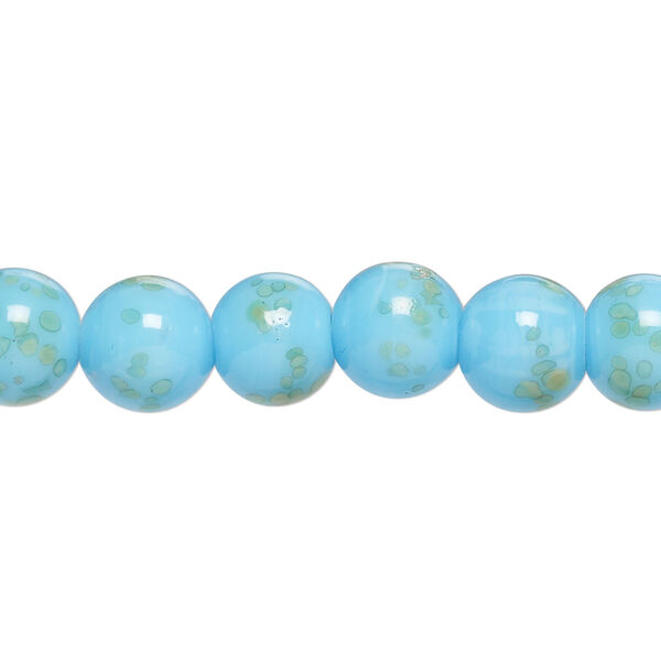 Bead, glass, pkg/8 inches, 9mm round, opaque turquoise blue and yellow. image number 0