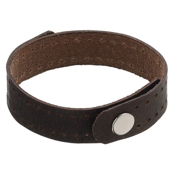 Bracelet, leather (dyed) / brass / steel, brown, 16mm wide with 60-70 holes, adjustable at 7 and 7-1/2 inches with snap closure. Sold individually. image number 0