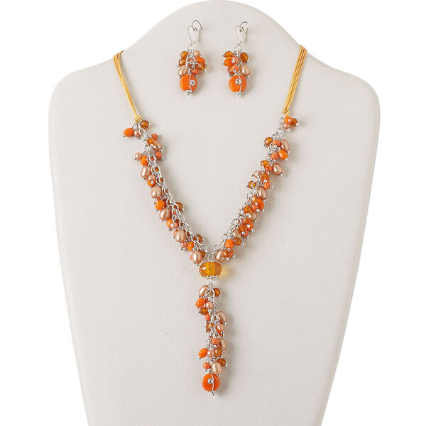 Necklace and earring set, silver-plated steel and brass with glass, orange / light brown / champagne, 3-3/4 inch dangle, 18 inches with 2-inch extender chain and lobster claw clasp, 2-inch earrings with leverback ear wire. Sold per set. image number 0