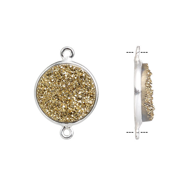 Link, titanium- / electro-coated druzy agate (coated) / sterling silver, gold, 15mm hand-cut single-sided flat round. Sold individually. image number 0