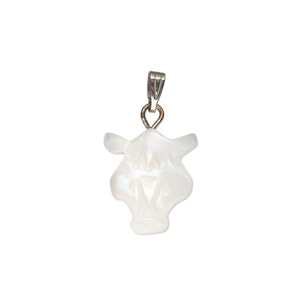 Pendant, mother-of-pearl shell (bleached) / antique silver-finished "pewter" (zinc-based alloy) / steel, 15x14mm-15x15mm single-sided carved cow head. Sold individually. image number 0