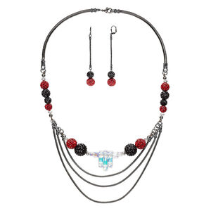 Necklace and earring set, One of a Kind Jewelry, gunmetal-plated brass / epoxy / glass rhinestone, red and black, 20-inch necklace. Only one available.