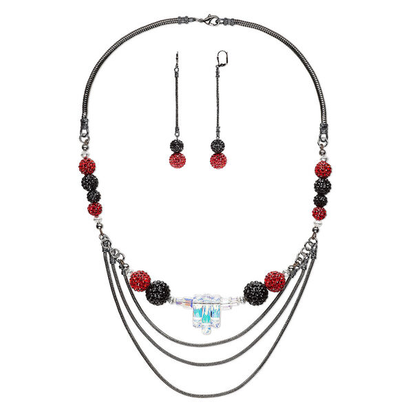 Necklace and earring set, One of a Kind Jewelry, gunmetal-plated brass / epoxy / glass rhinestone, red and black, 20-inch necklace. Only one available. image number 0
