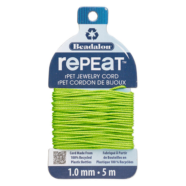 Cord, Beadalon® RePEaT™, recycled polyethylene, lime green, 1mm, 100-pound test. Sold per 5-meter card. image number 0
